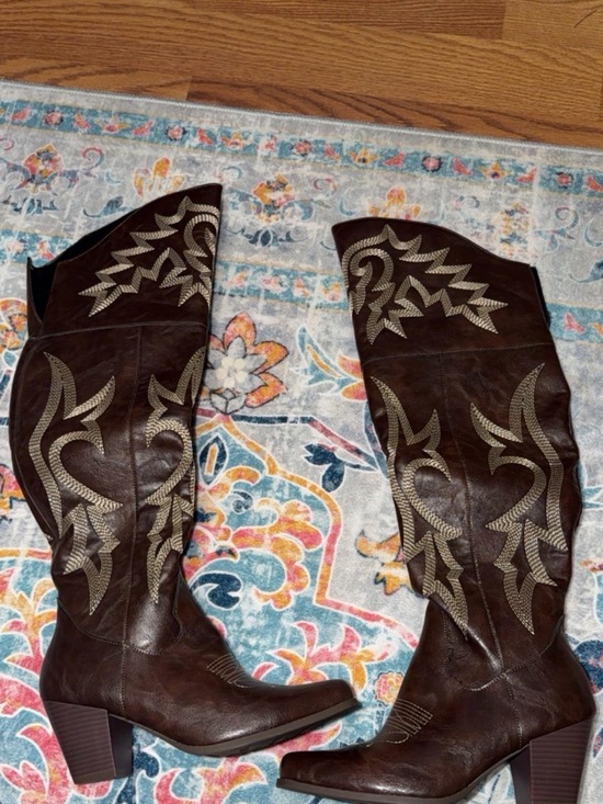 Other - Brown Embroidered Leather Knee-High Western Boots